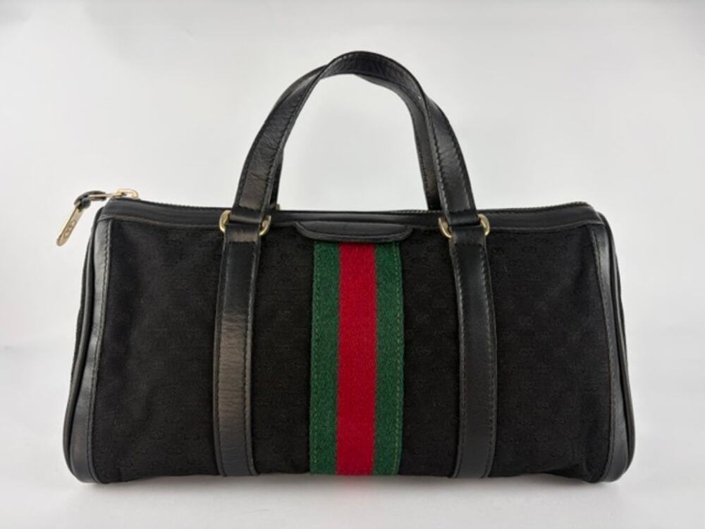 GUCCI Vintage Black GG Canvas Sherry Line Web Boston Bag w/ Strap